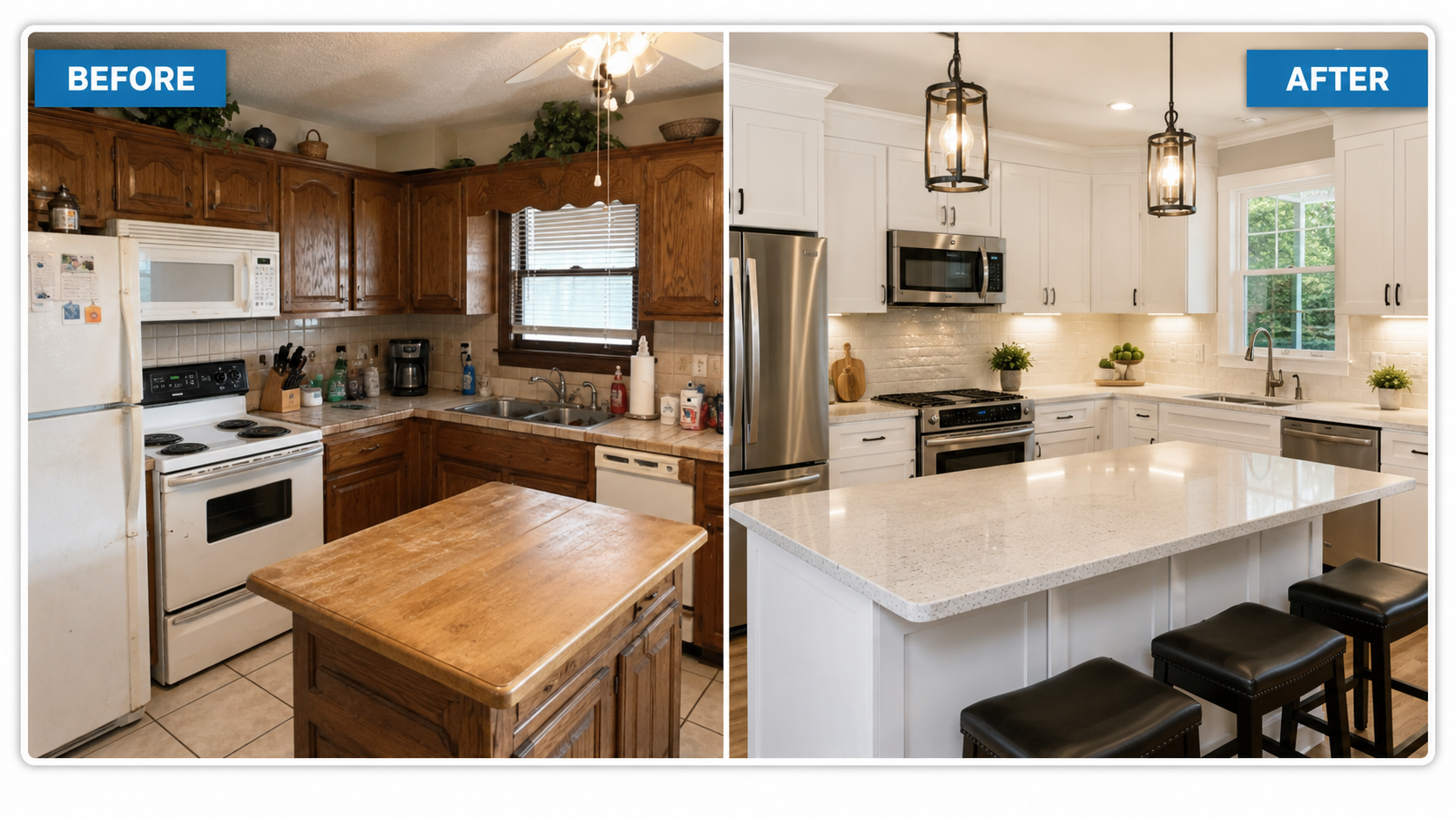 Before and after kitchen renovation showing how a house can be transformed after selling as-is in New Jersey.